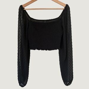 Windsor Black Smocked Crop Top Swiss Dot Long Sleeve Off Shoulder Blouse L